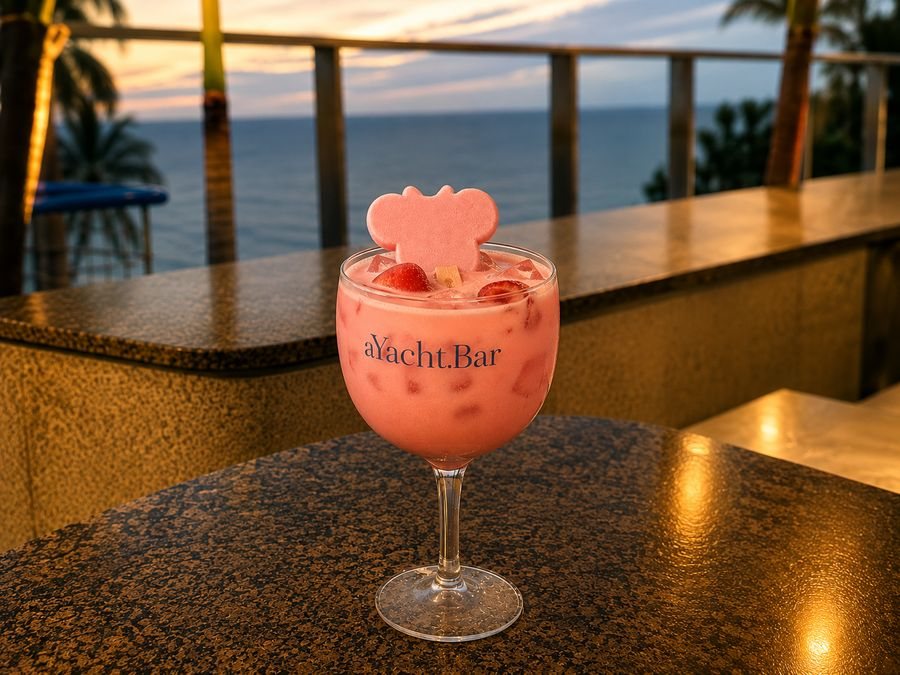 Mocktail rosa na taça Yacht.Bar, com morangos e pirulito, sobre o balcão com o mar ao fundo no fim de tarde